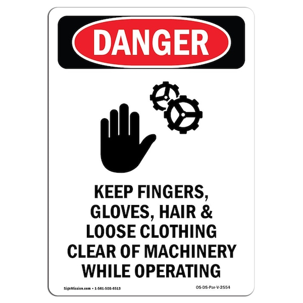 Signmission OSHA Danger Sign, Keep Fingers Gloves, 14in X 10in Rigid Plastic, 10" W, 14" H, Portrait OS-DS-P-1014-V-2554 - main